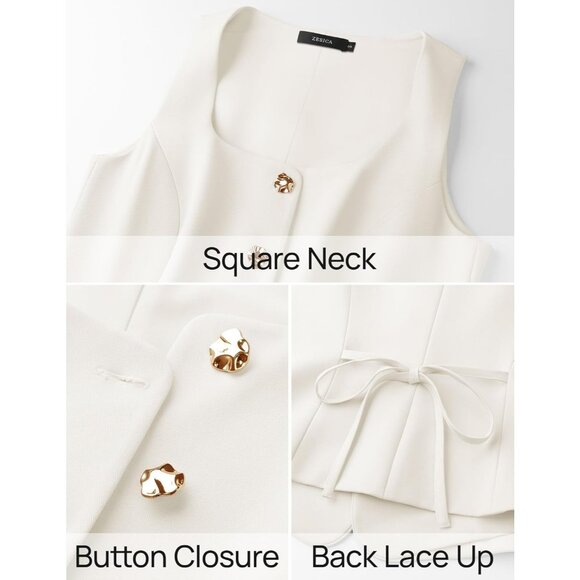 Women's White Sleeveless Suit Vest Square Neck Button Down Work Business Blazer - Picture 6 of 6